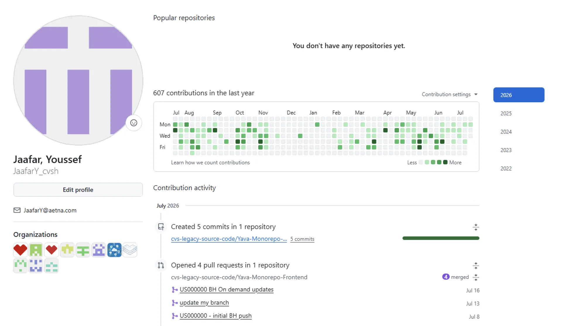 GitHub contributions graph showing 607 contributions in the last year