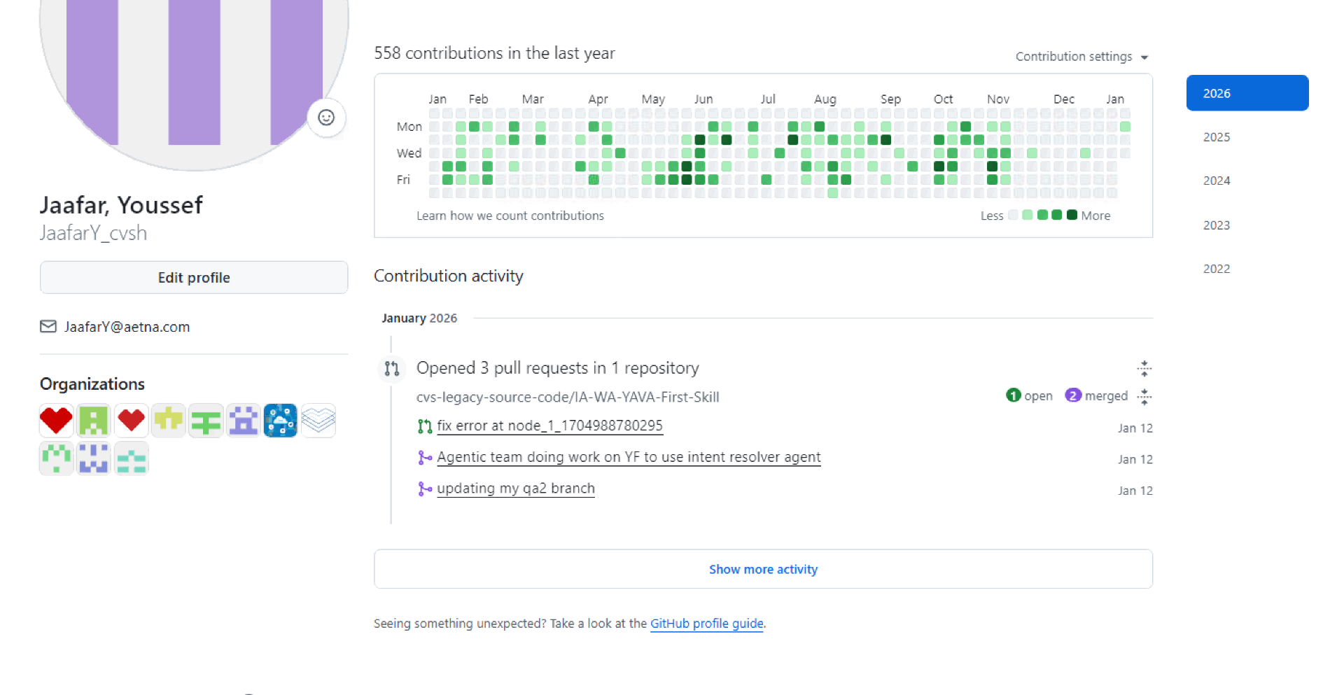 GitHub contributions graph showing 558 contributions in the last year